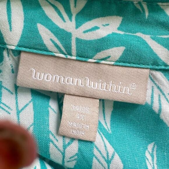 Woman Within Turquoise Blue Top Blouse Size 4X Tropical Beachy Button Up Pleated - Picture 3 of 5